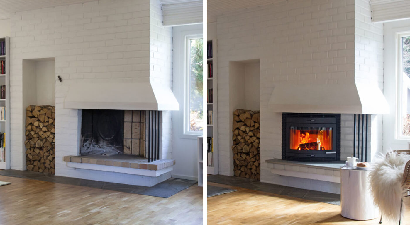 Ennen/jälkeen kuva avotakasta, jossa takkakasetti Jøtul C 400 Panorama