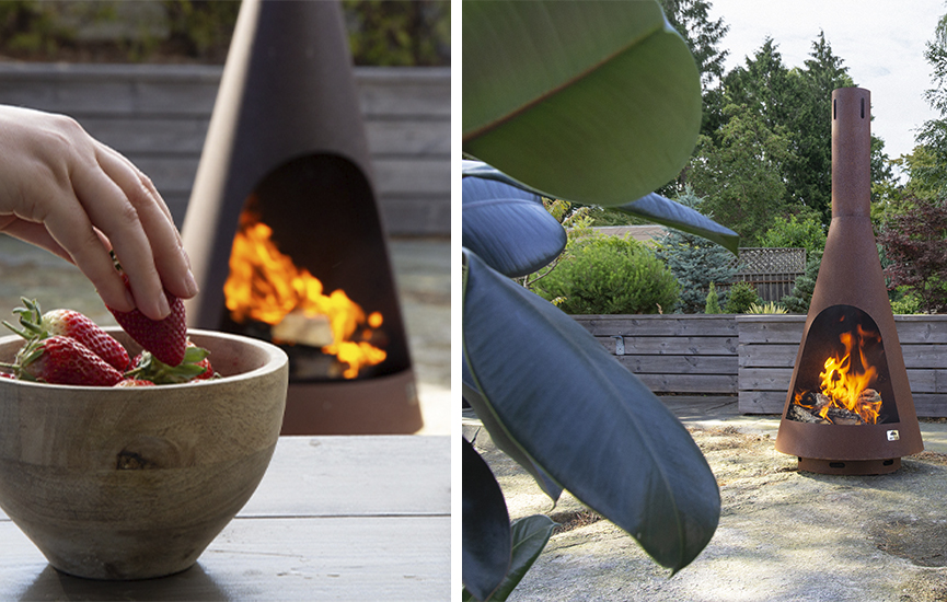 Jøtul Frøya corten-teräksestä valmistettu ulkotakka puutarhassa